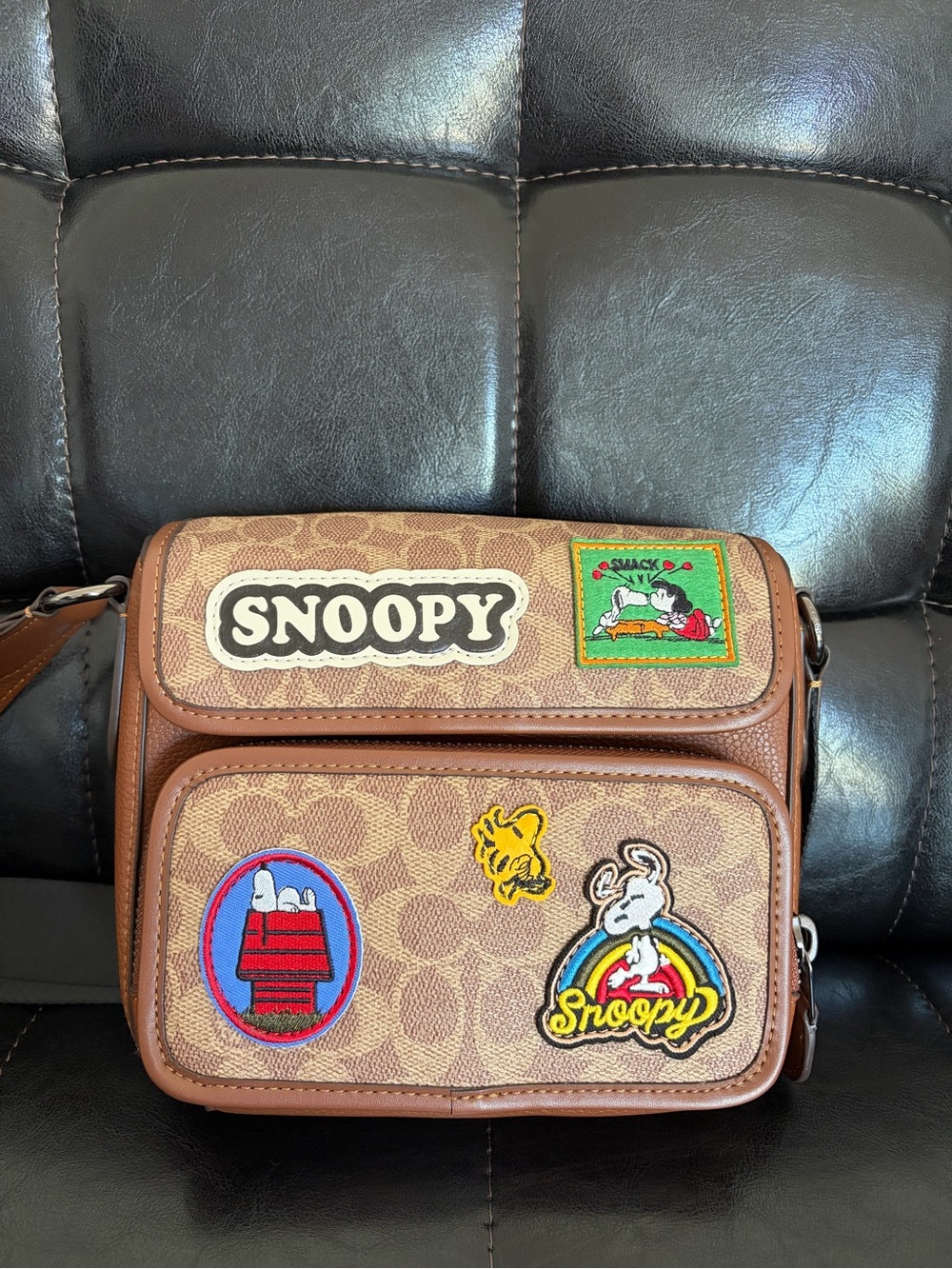 Coach Brown Snoopy Patch Canvas Messenger Bag